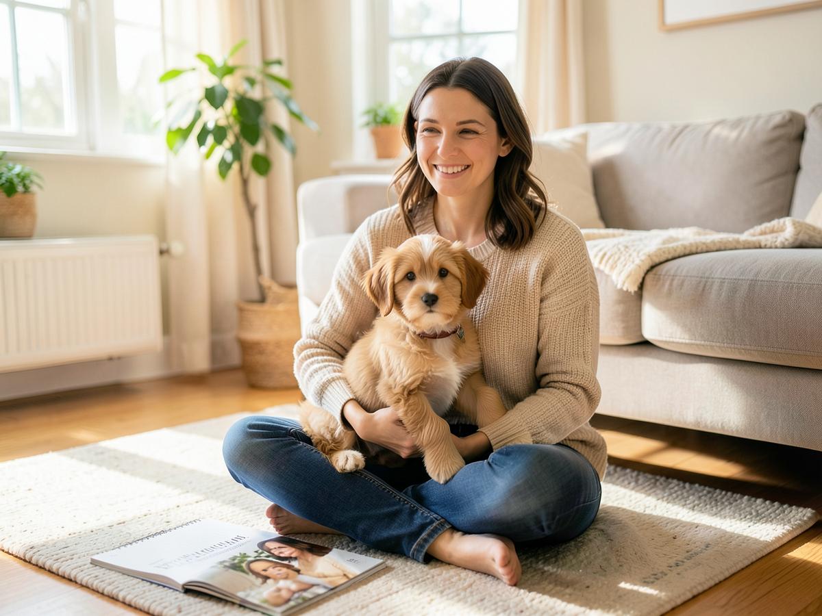 A new dog owner sitting on a living room floor with a puppy in their lap