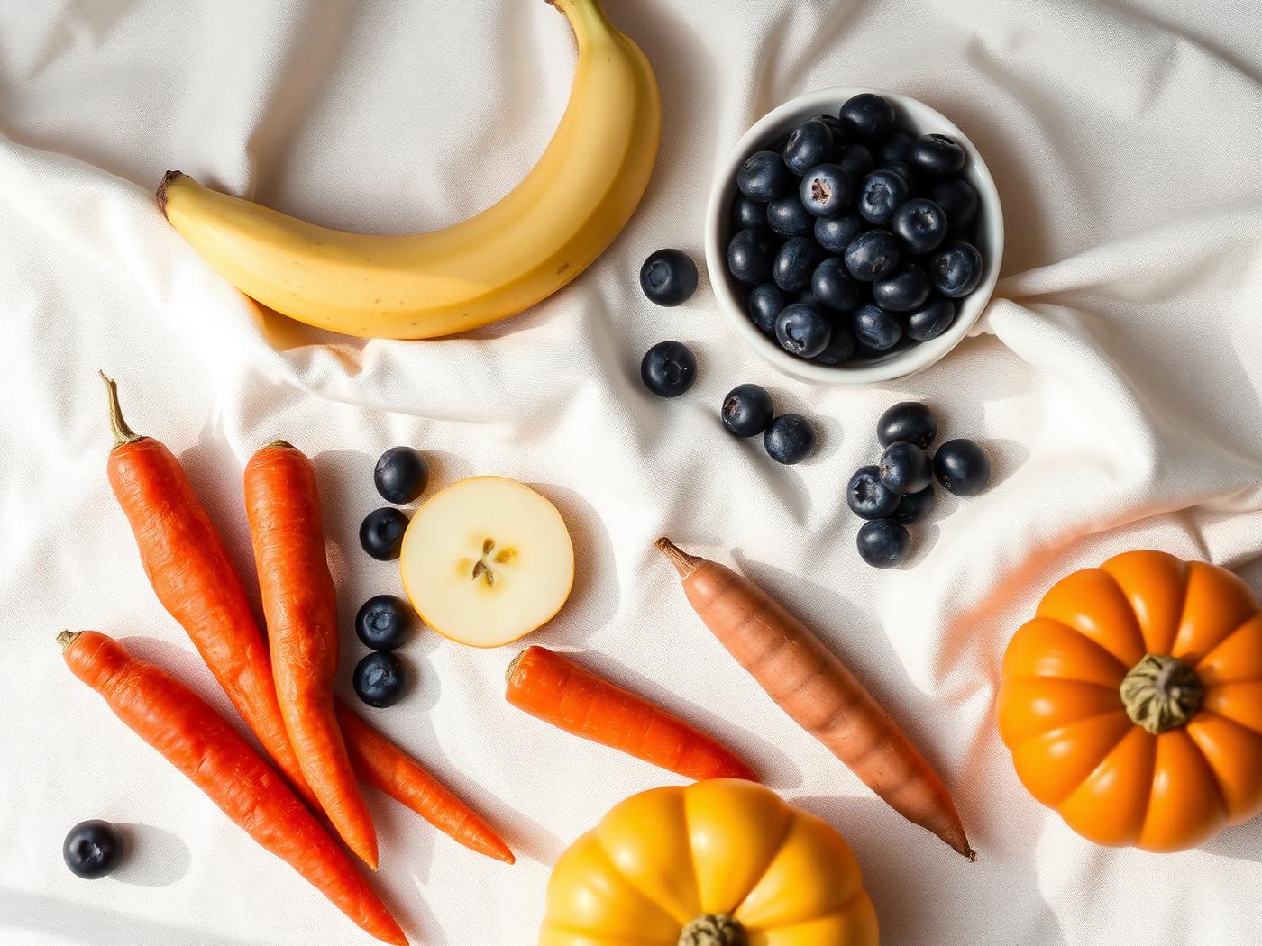 Dog-safe whole foods including blueberries, banana, apple, carrots and pumpkin on cream linen