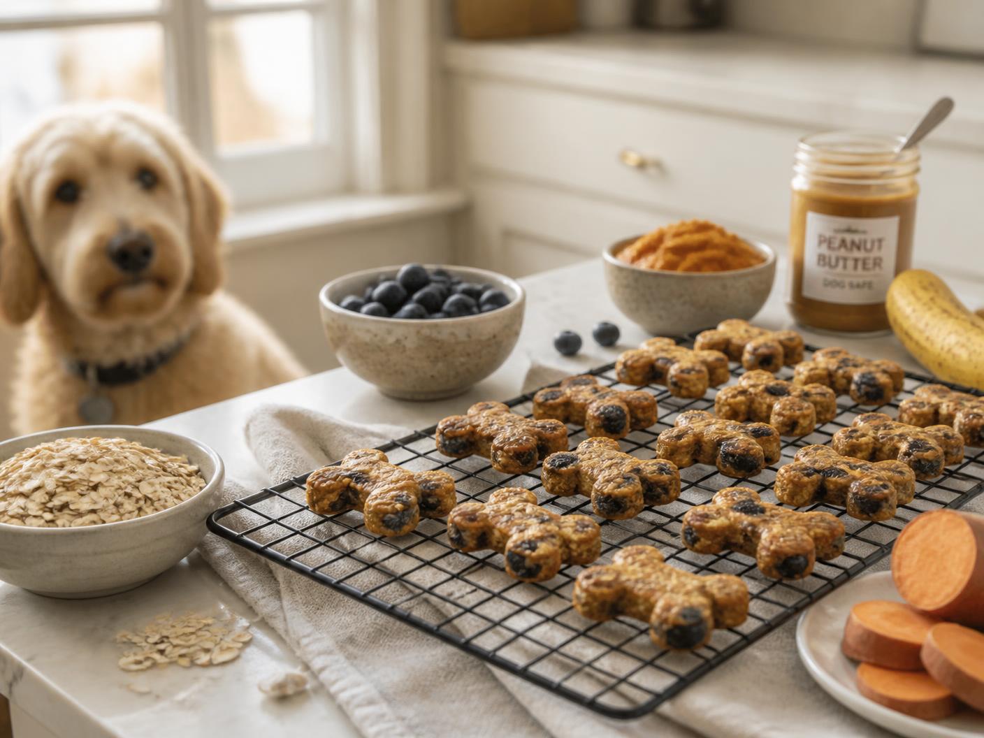Homemade dog treats cooling on a rack beside dog-safe ingredients such as oats, pumpkin, banana and blueberries