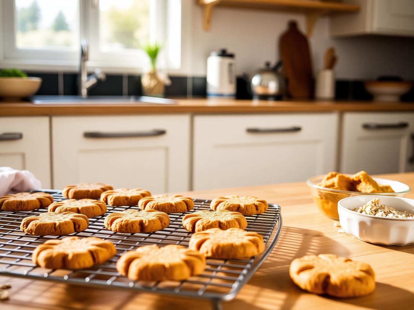 Homemade dog biscuits cooling on a wire rack in a bright kitchen