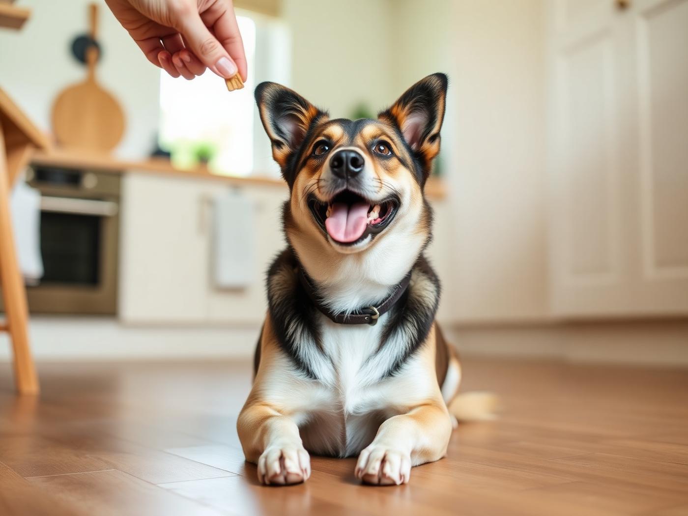 A happy dog waiting patiently as its owner offers a small natural treat in a bright kitchen