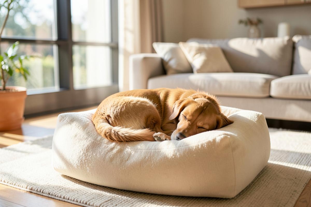 A dog curled up asleep on a soft bolster bed in a sunlit living room
