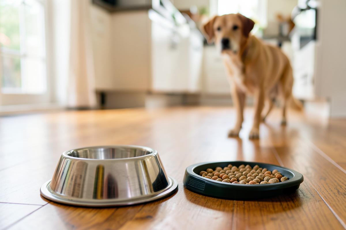 A stainless steel dog bowl and slow feeder mat on a kitchen floor