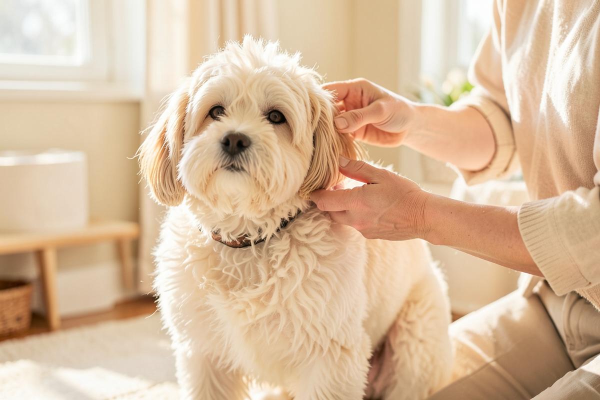 A dog being brushed with a slicker brush on a grooming table