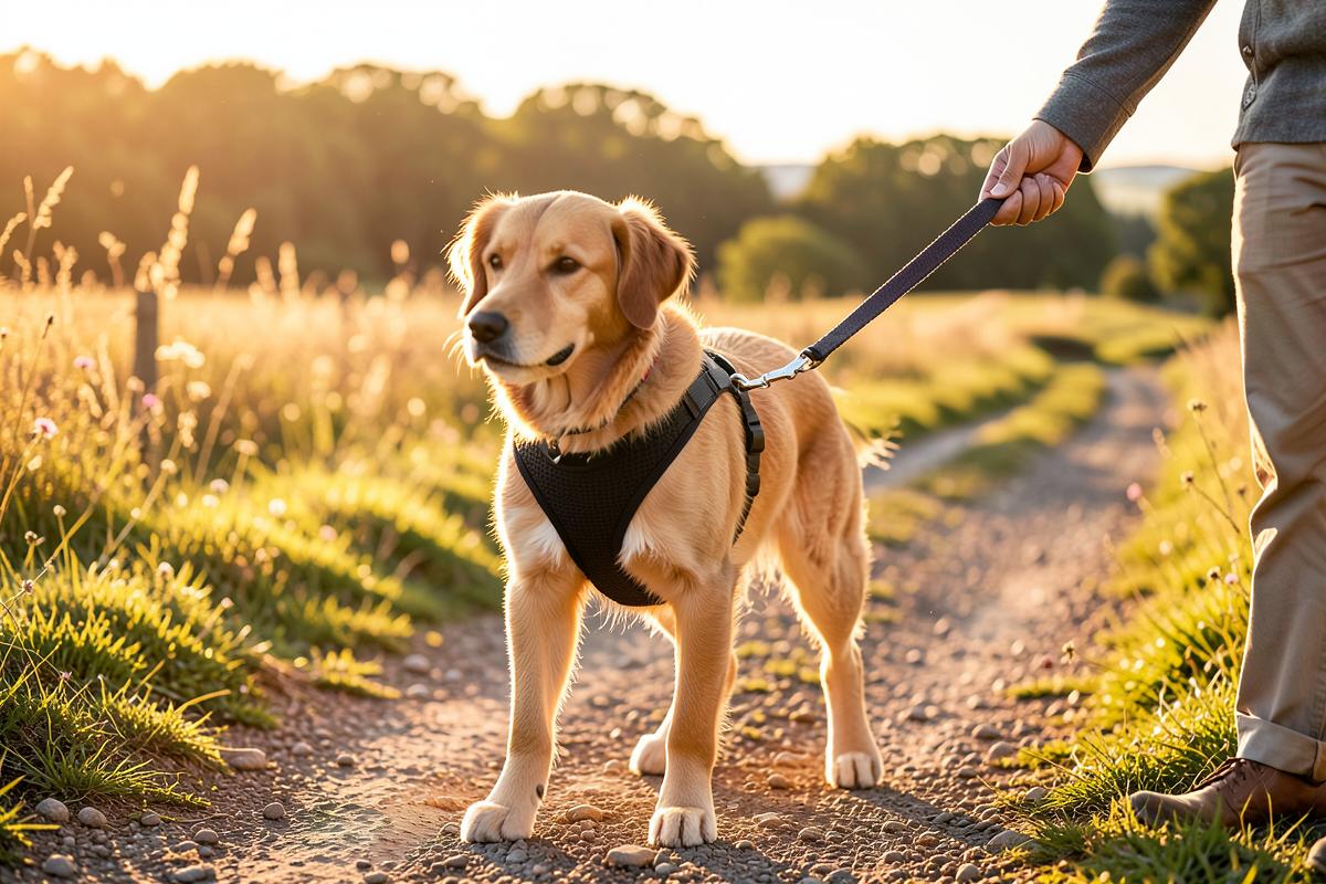 A dog wearing a padded Y-front harness on a countryside walk