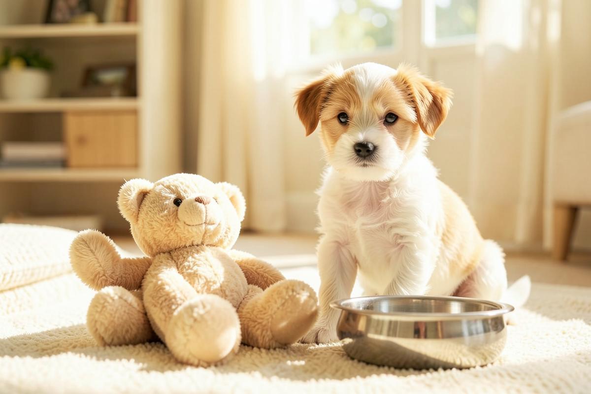 A young puppy sitting beside a crate, bowl and soft toy