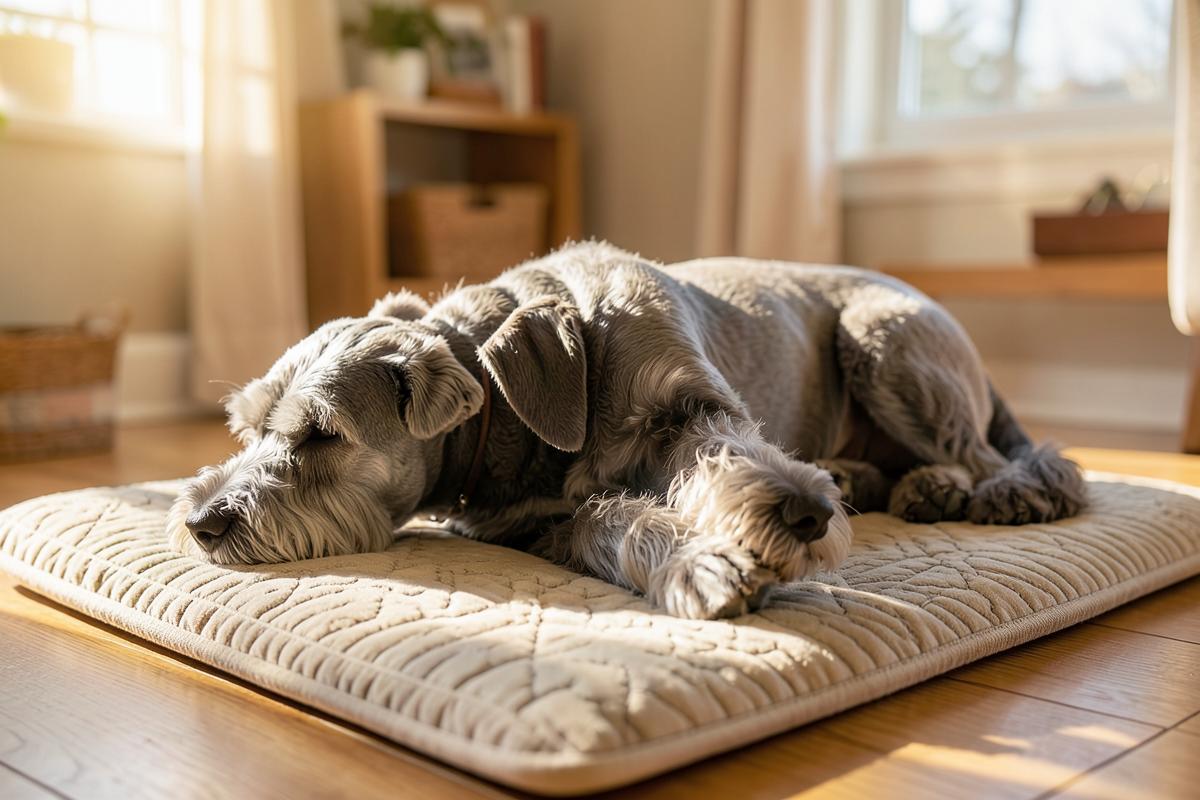 A grey-muzzled senior dog resting on an orthopedic mat