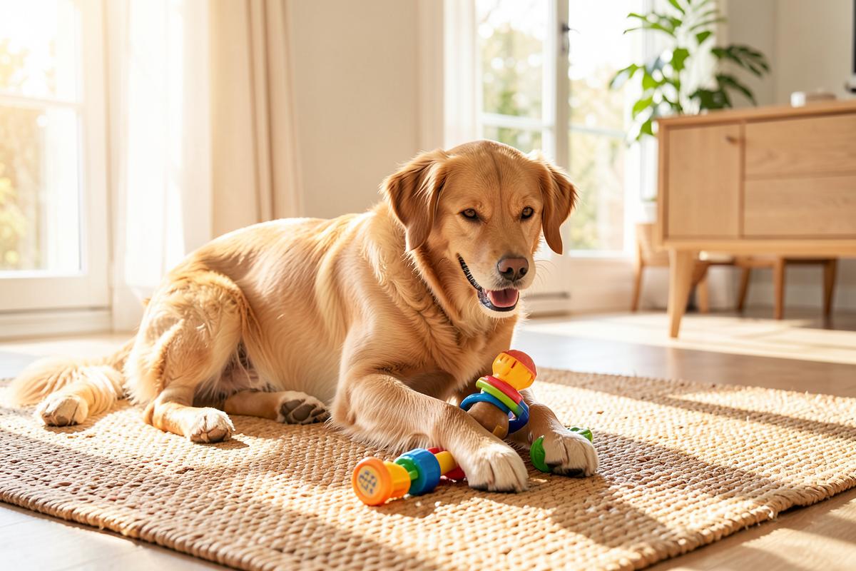 A dog playing with a rubber enrichment toy on a rug