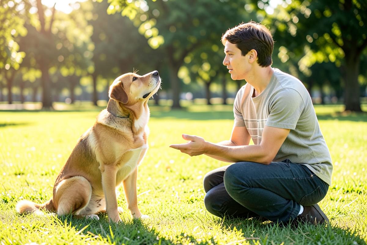 A dog focused on its owner during a reward-based training session outdoors