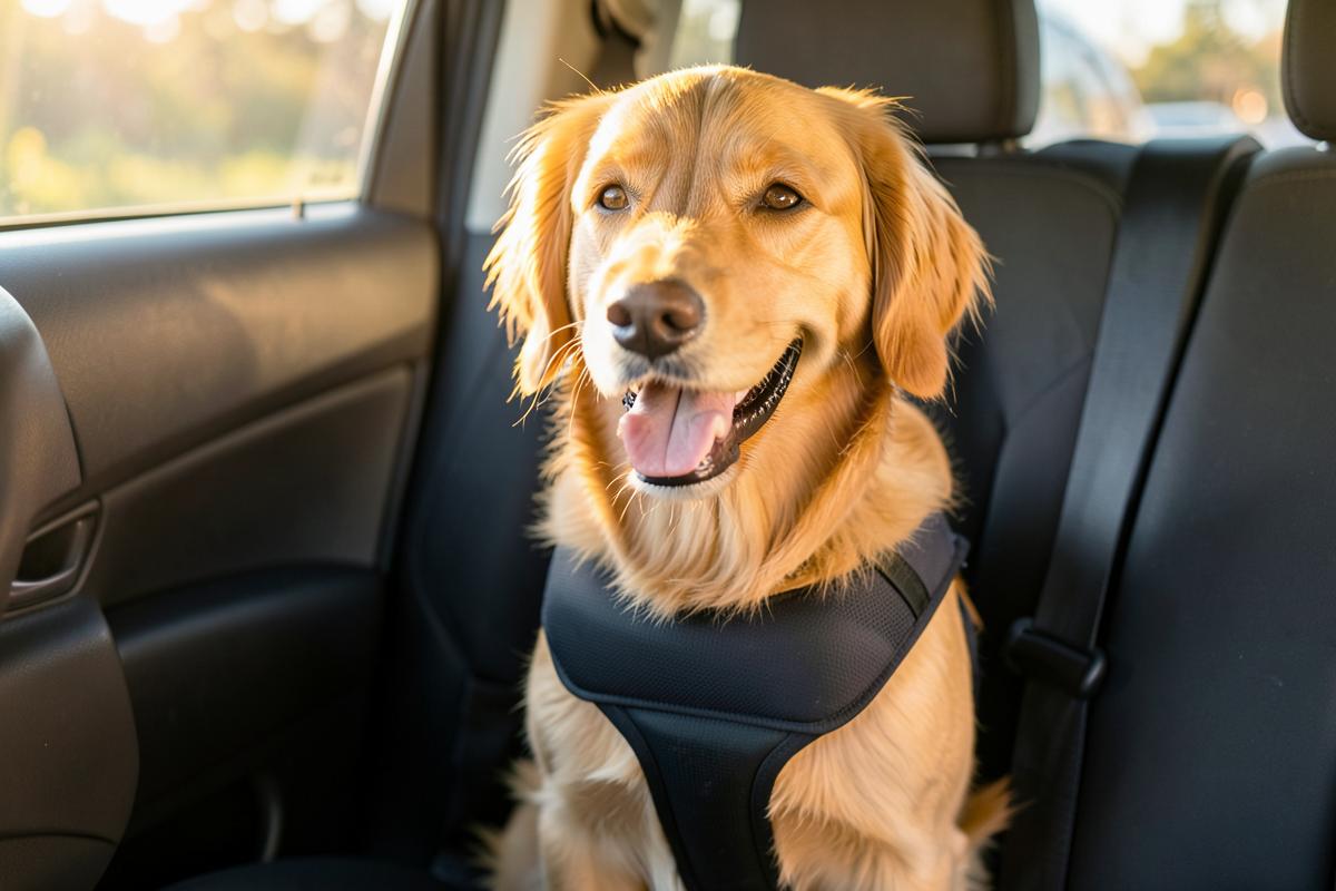 A dog secured in the back of a car with a travel harness, ready for a trip