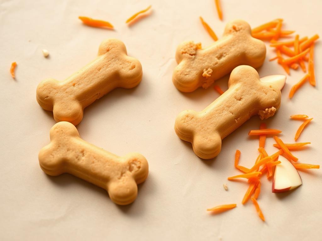 Bone-shaped apple and carrot dog biscuits arranged on parchment paper