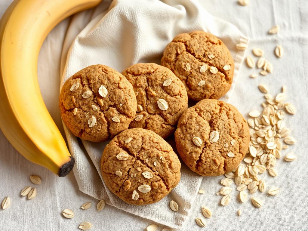 Rustic banana oat dog cookies on a linen cloth beside fresh oats