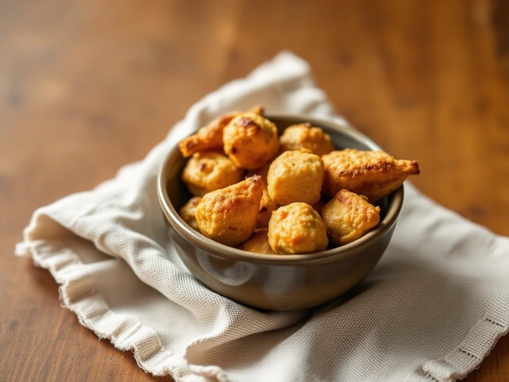 Tiny baked chicken training treats in a small ceramic bowl