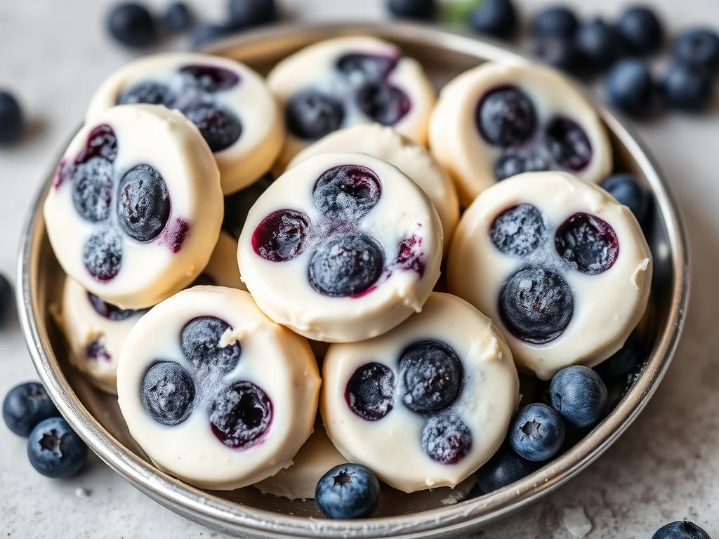 Frozen blueberry and yoghurt dog treat discs in a metal tray