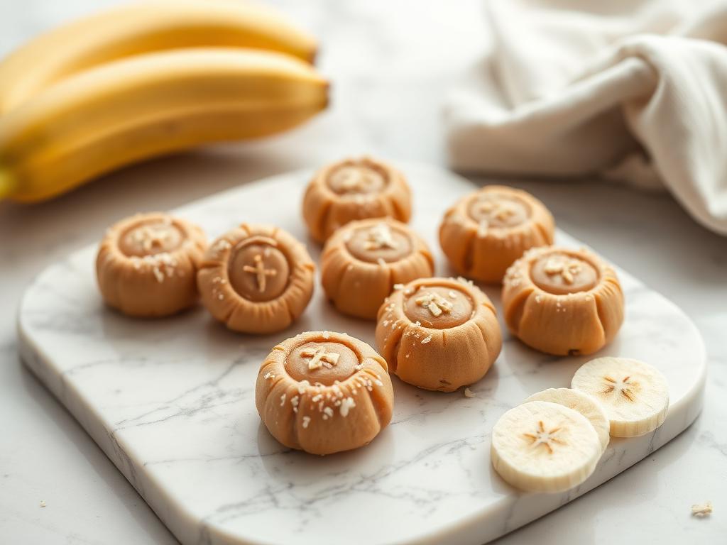 Small round frozen peanut butter and banana dog treats on a marble board