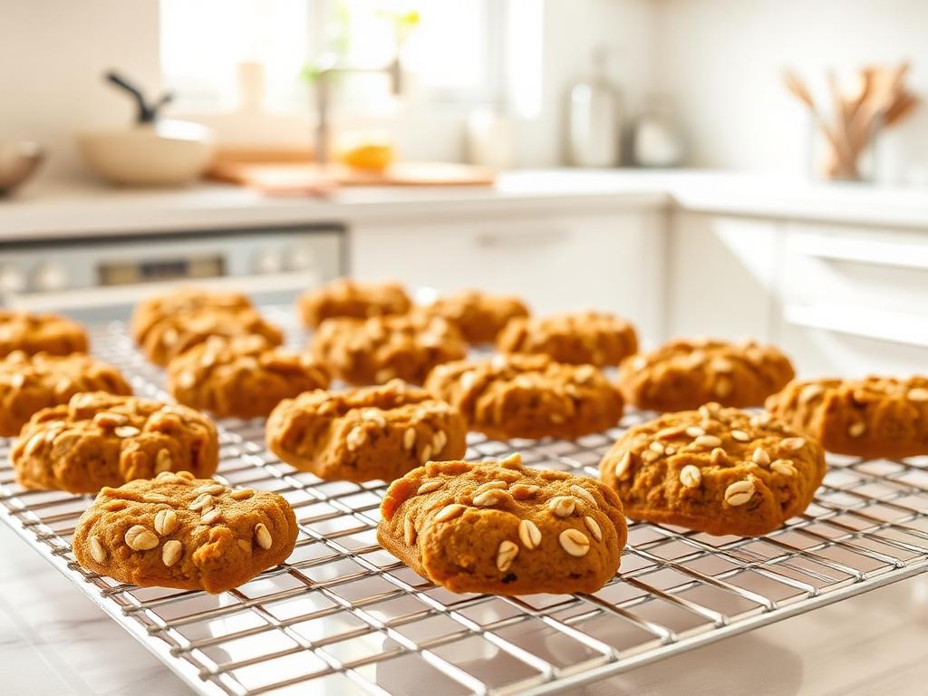 Golden baked pumpkin and oat dog treats cooling on a wire rack