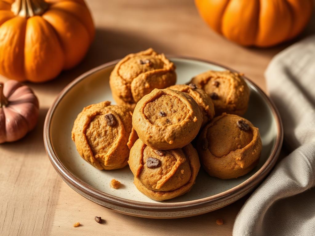 Round baked pumpkin and peanut butter dog treats on a rustic plate