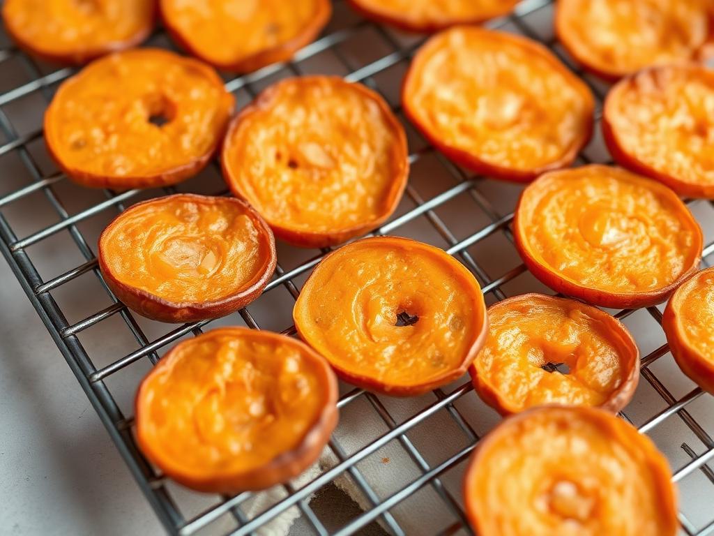 Chewy dried sweet potato slices cooling on a wire baking rack